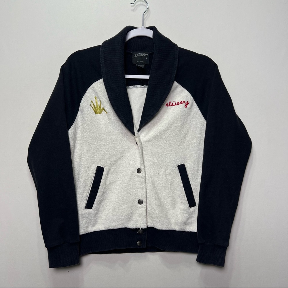 Stussy Terry Cloth Button Up Cardigan Jacket Size Medium White/Black Embroidered